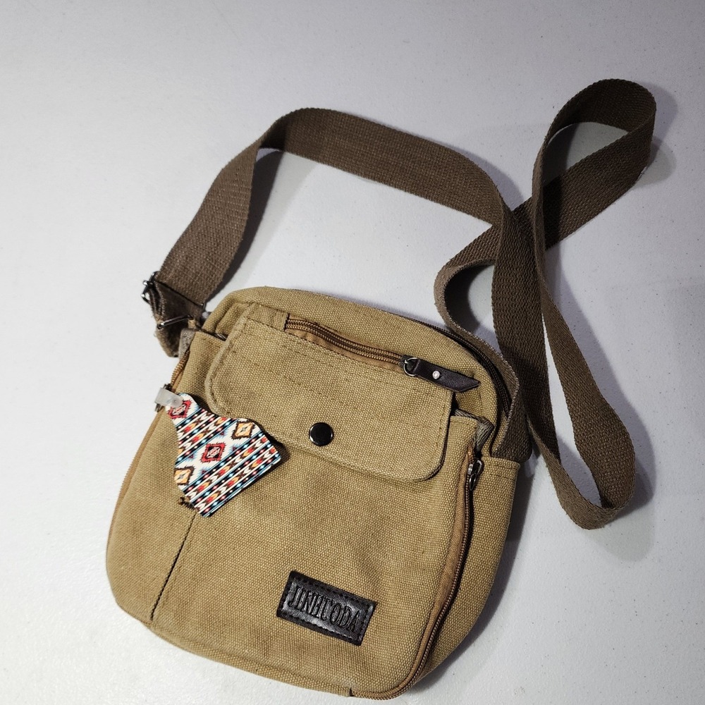 Jinhuoda Khaki Canvas Crossbody Bag Utility Travel Messenger Small Tan